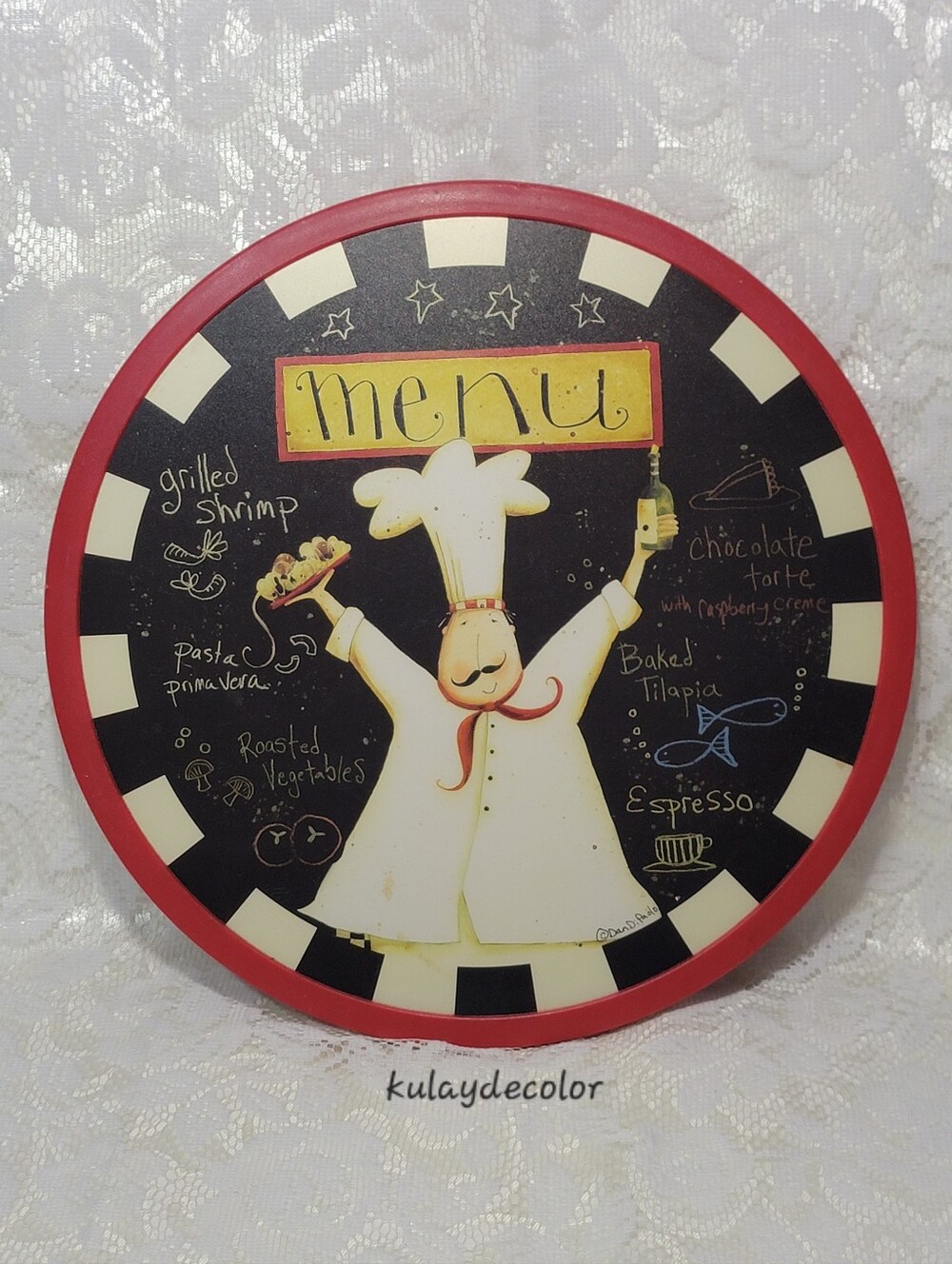 Chef Kitchen Lazy Susan 12" Rotating Serving Tray Red Black Menu Decor Turntable